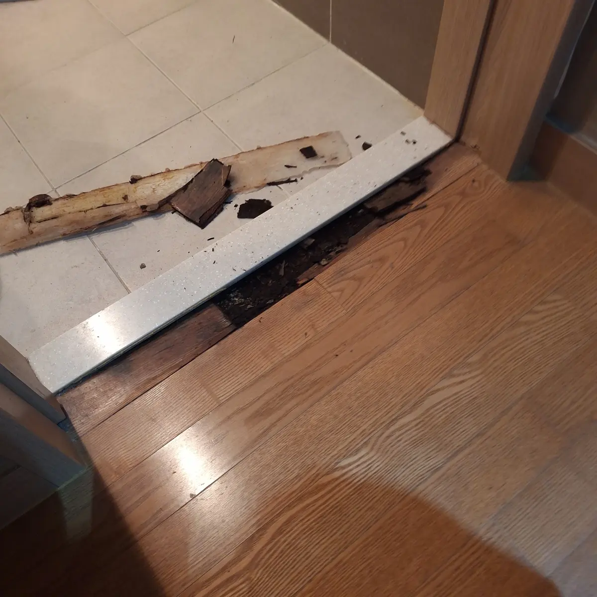 화장실 문턱 앞 누수로 썩은 마루 조각을 걷어낸 모습